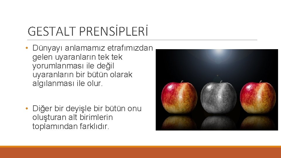 GESTALT PRENSİPLERİ • Dünyayı anlamamız etrafımızdan gelen uyaranların tek yorumlanması ile değil uyaranların bir