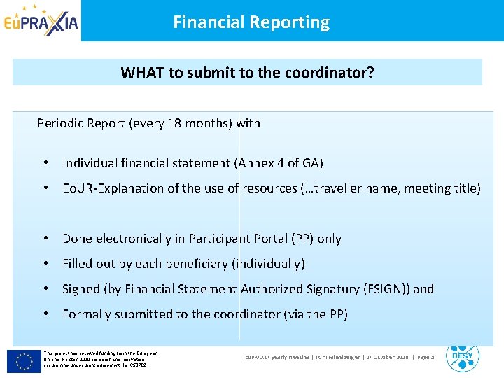 Financial Reporting WHAT to submit to the coordinator? Periodic Report (every 18 months) with