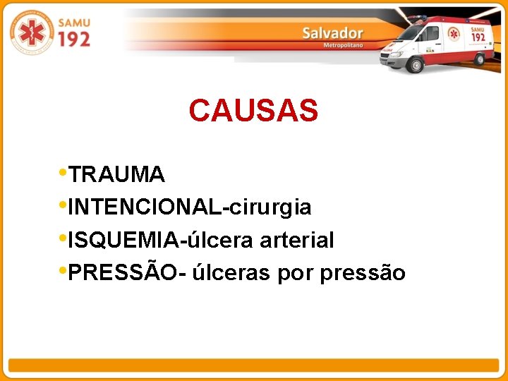 CAUSAS • TRAUMA • INTENCIONAL-cirurgia • ISQUEMIA-úlcera arterial • PRESSÃO- úlceras por pressão 