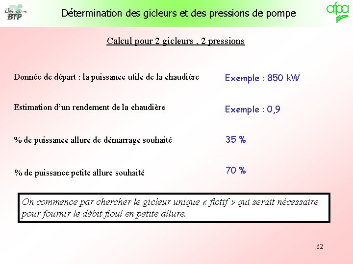 Détermination des gicleurs et des pressions de pompe Calcul pour 2 gicleurs , 2