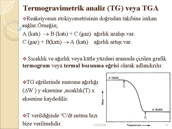 Termogravimetrik analiz (TG) veya TGA v. Reaksiyonun stokiyometrisinin doğrudan takibine imkan sağlar. Örneğin; A