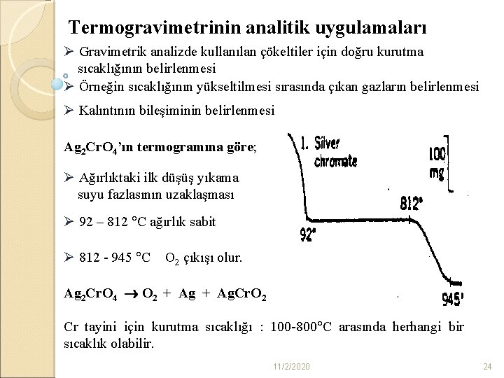 Termogravimetrinin analitik uygulamaları Ø Gravimetrik analizde kullanılan çökeltiler için doğru kurutma sıcaklığının belirlenmesi Ø
