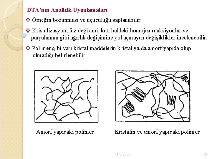 DTA’nın Analitik Uygulamaları v Örneğin bozunması ve uçuculuğu saptanabilir. v Kristalizasyon, faz değişimi, katı