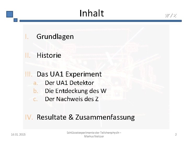 Inhalt W/Z I. Grundlagen II. Historie III. Das UA 1 Experiment a. Der UA