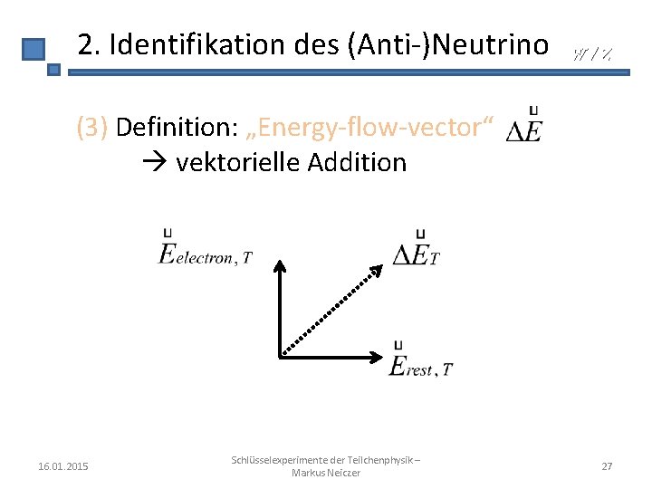 2. Identifikation des (Anti-)Neutrino W/Z (3) Definition: „Energy-flow-vector“ vektorielle Addition 16. 01. 2015 Schlüsselexperimente