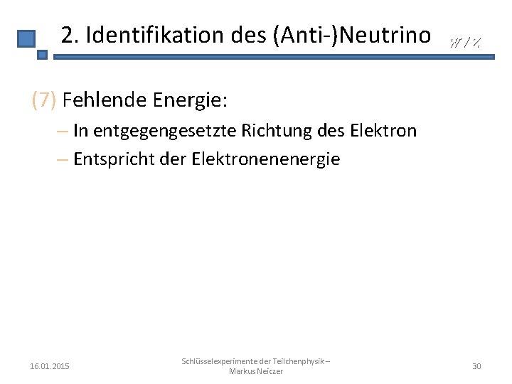 2. Identifikation des (Anti-)Neutrino W/Z (7) Fehlende Energie: – In entgegengesetzte Richtung des Elektron