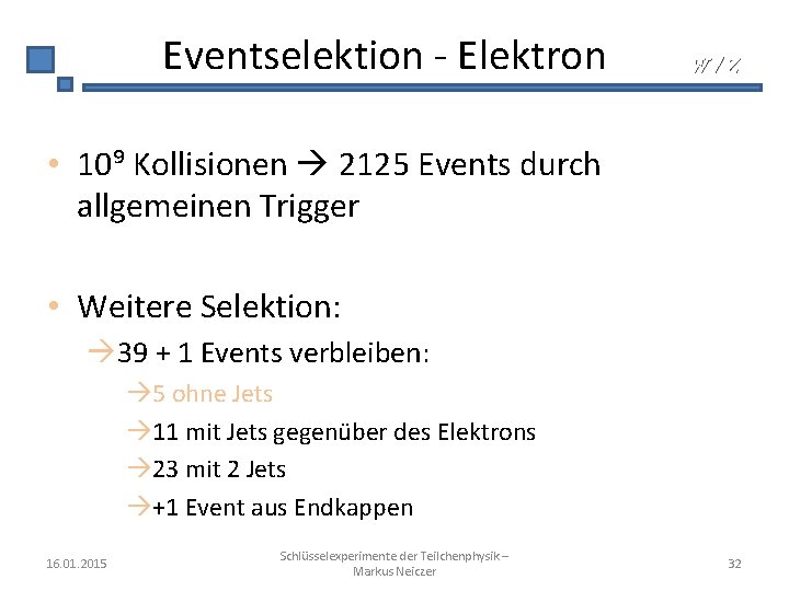 Eventselektion - Elektron W/Z • 10⁹ Kollisionen 2125 Events durch allgemeinen Trigger • Weitere