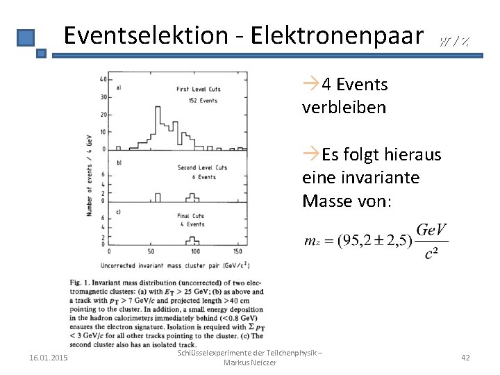 Eventselektion - Elektronenpaar W/Z 4 Events verbleiben Es folgt hieraus eine invariante Masse von: