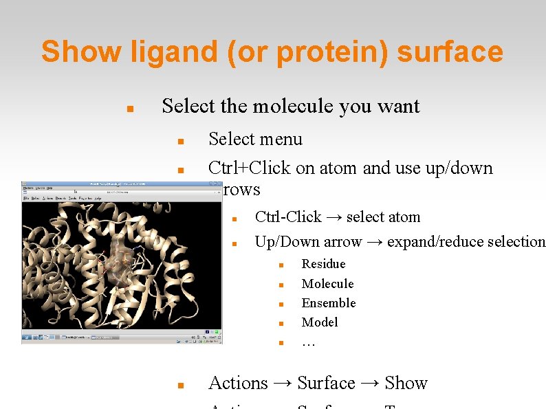 Show ligand (or protein) surface Select the molecule you want Select menu Ctrl+Click on