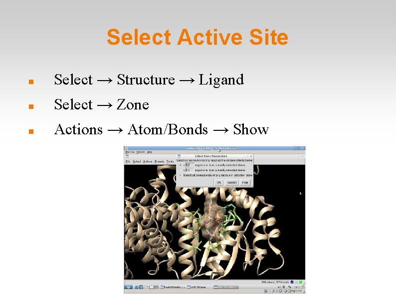 Select Active Site Select → Structure → Ligand Select → Zone Actions → Atom/Bonds