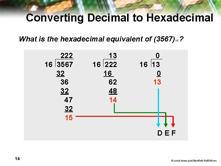 Converting Decimal to Hexadecimal What is the hexadecimal equivalent of (3567) ? 10 222