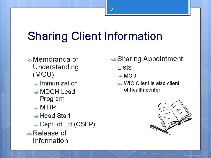 10 Sharing Client Information Memoranda of Understanding (MOU) Immunization MDCH Lead Program MIHP Head