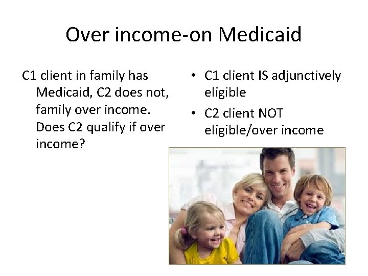 Over income-on Medicaid C 1 client in family has Medicaid, C 2 does not,