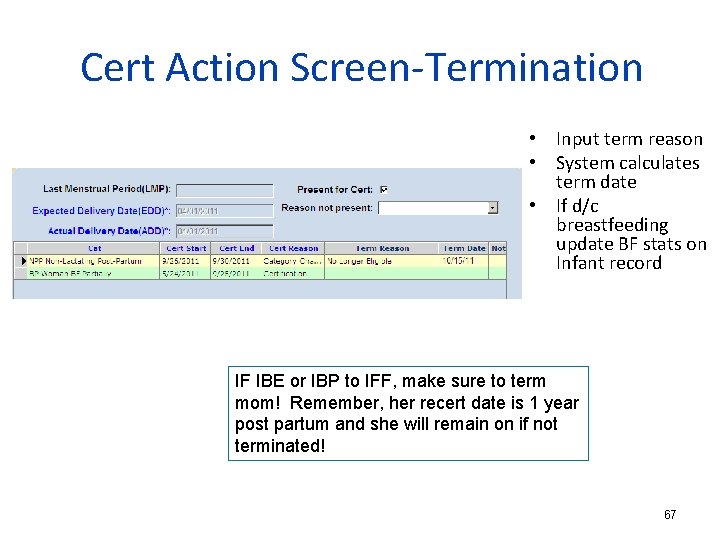 Cert Action Screen-Termination • Input term reason • System calculates term date • If