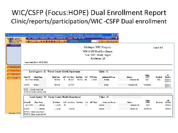WIC/CSFP (Focus: HOPE) Dual Enrollment Report Clinic/reports/participation/WIC -CSFP Dual enrollment 