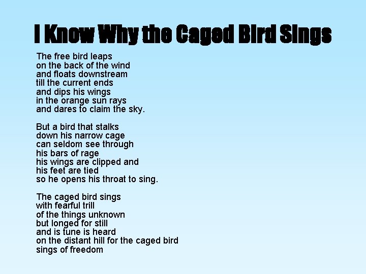 I Know Why the Caged Bird Sings The free bird leaps on the back