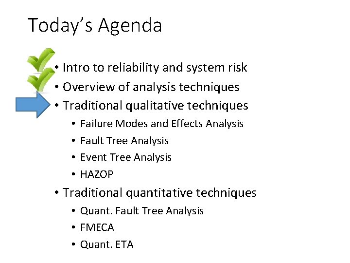 Today’s Agenda • Intro to reliability and system risk • Overview of analysis techniques