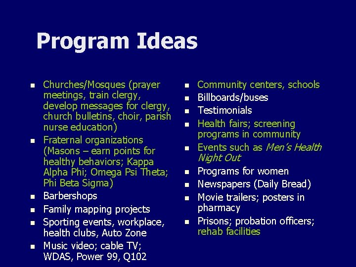 Program Ideas n n n Churches/Mosques (prayer meetings, train clergy, develop messages for clergy,