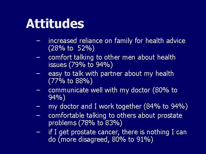 Attitudes – – – – increased reliance on family for health advice (28% to