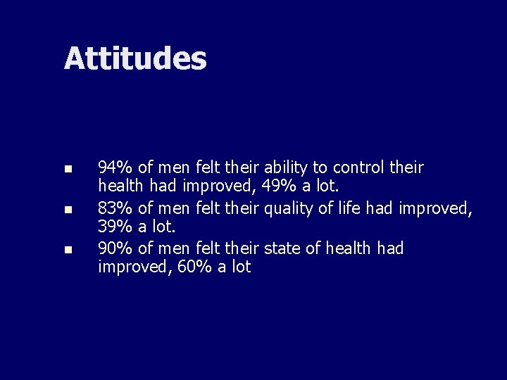 Attitudes n n n 94% of men felt their ability to control their health