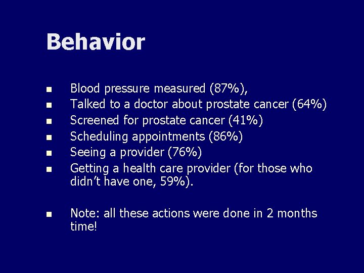 Behavior n n n n Blood pressure measured (87%), Talked to a doctor about
