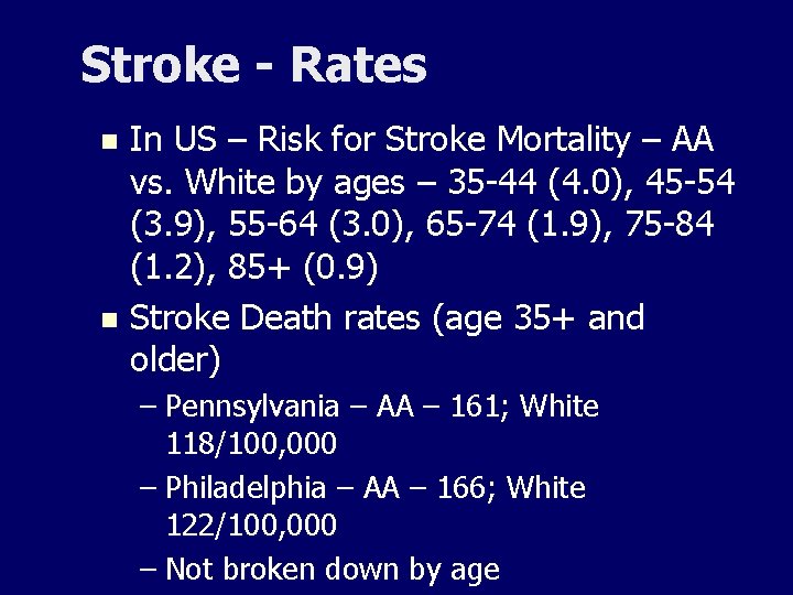Stroke - Rates In US – Risk for Stroke Mortality – AA vs. White
