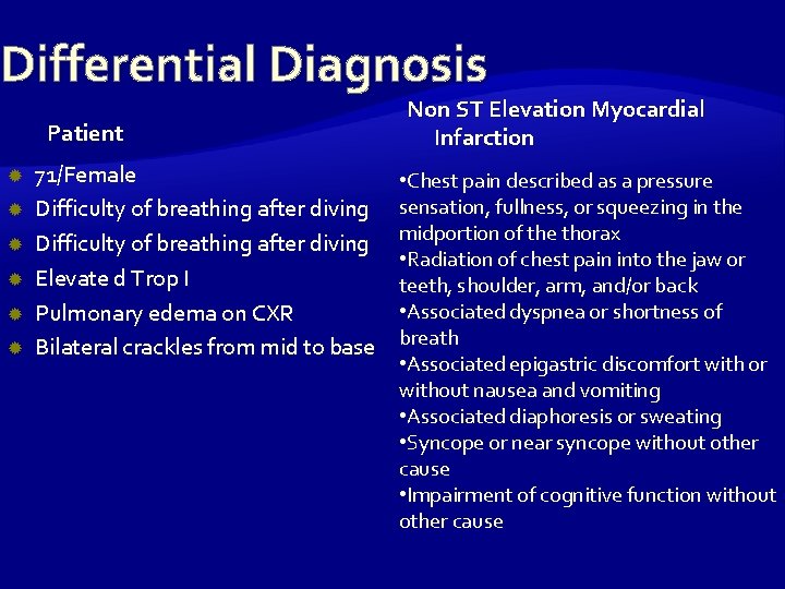 Differential Diagnosis Patient 71/Female Difficulty of breathing after diving Elevate d Trop I Pulmonary