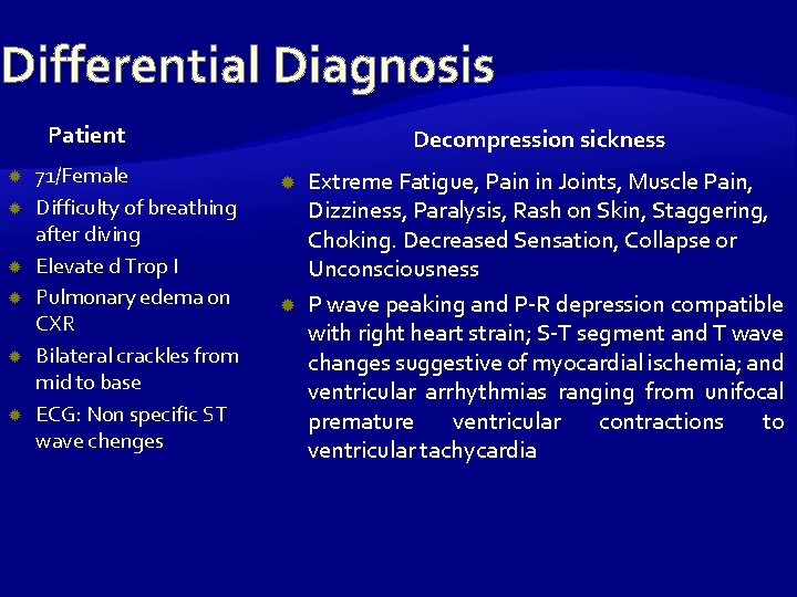 Differential Diagnosis Patient 71/Female Difficulty of breathing after diving Elevate d Trop I Pulmonary