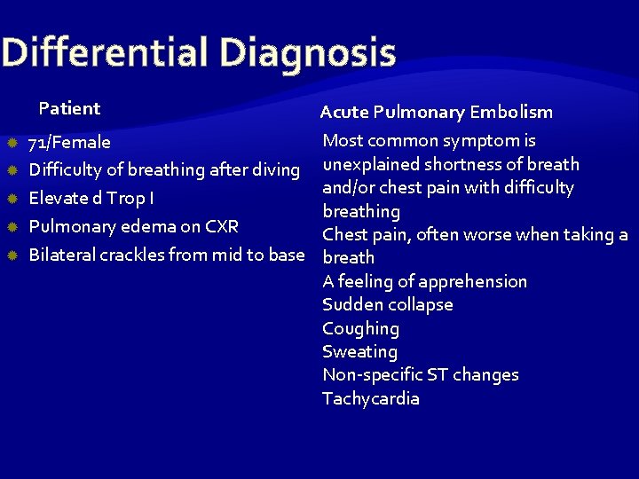 Differential Diagnosis Patient Acute Pulmonary Embolism Most common symptom is 71/Female Difficulty of breathing