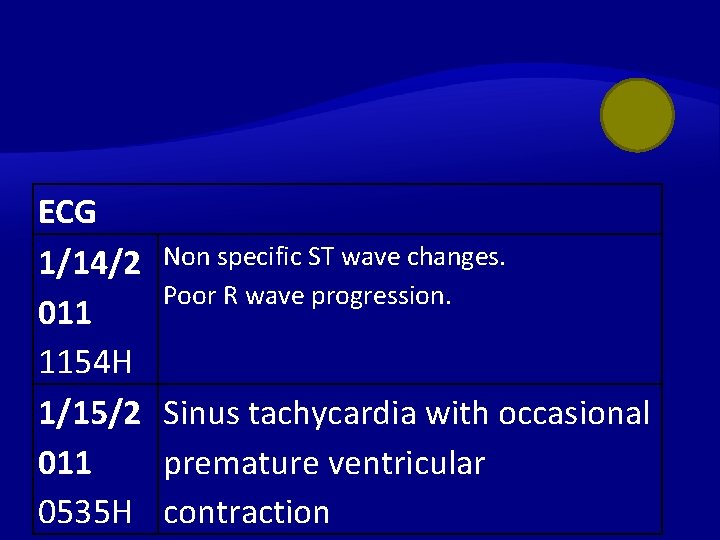 ECG 1/14/2 Non specific ST wave changes. Poor R wave progression. 011 1154 H