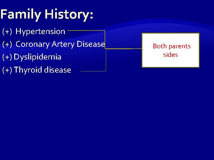 Family History: (+) Hypertension (+) Coronary Artery Disease (+) Dyslipidemia (+) Thyroid disease r.