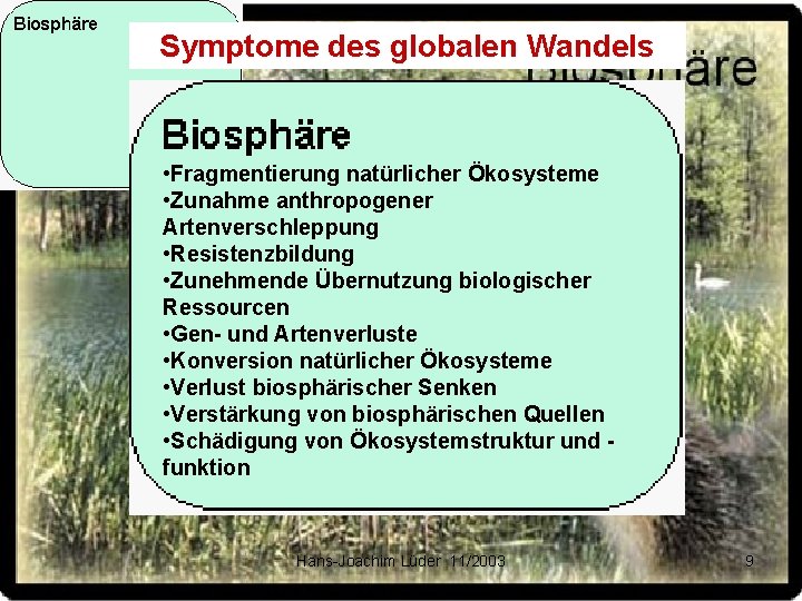 Symptome des globalen Wandels • Fragmentierung natürlicher Ökosysteme • Zunahme anthropogener Artenverschleppung • Resistenzbildung Symptome des globalen Wandels • Fragmentierung natürlicher Ökosysteme • Zunahme anthropogener Artenverschleppung • Resistenzbildung