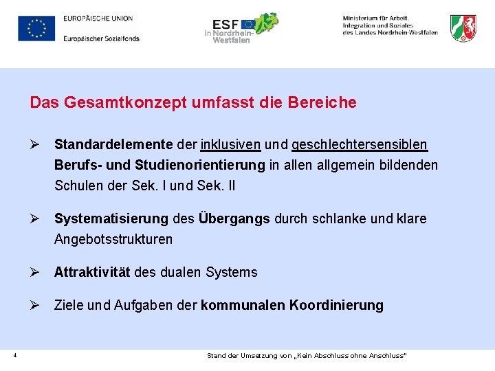 Das Gesamtkonzept umfasst die Bereiche Ø Standardelemente der inklusiven und geschlechtersensiblen Berufs- und Studienorientierung