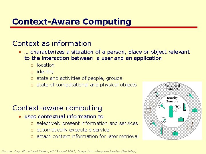 Context-Aware Computing Context as information • … characterizes a situation of a person, place