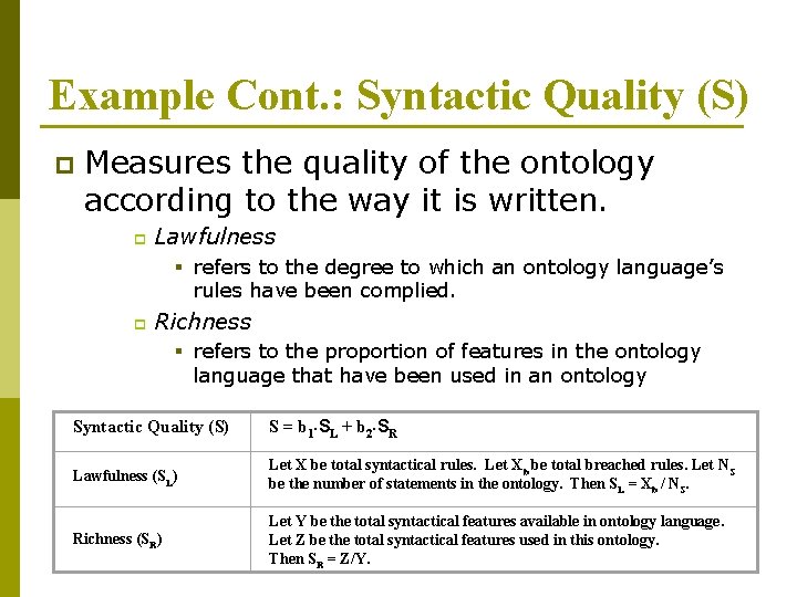 Example Cont. : Syntactic Quality (S) p Measures the quality of the ontology according