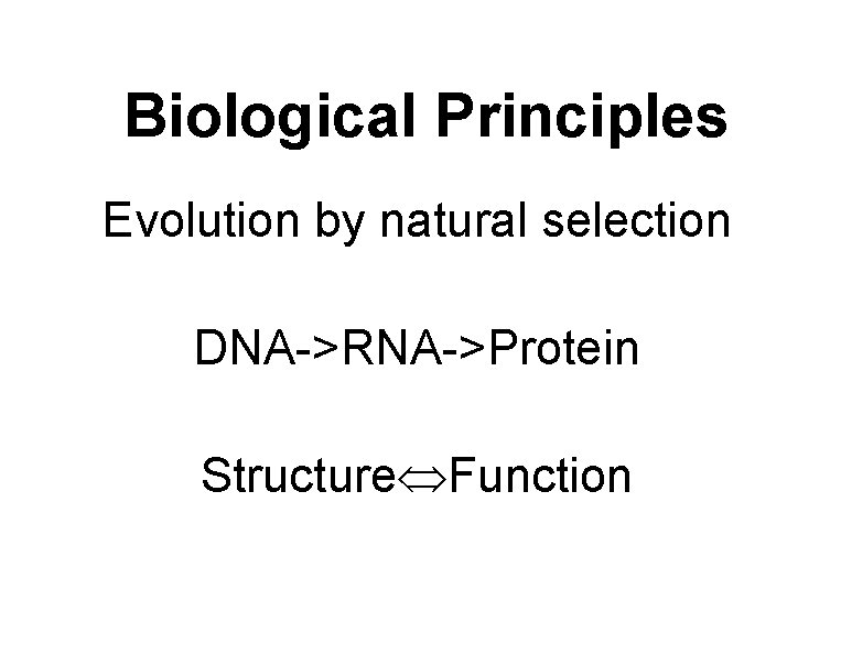 Biological Principles Evolution by natural selection DNA->RNA->Protein Structure Function 