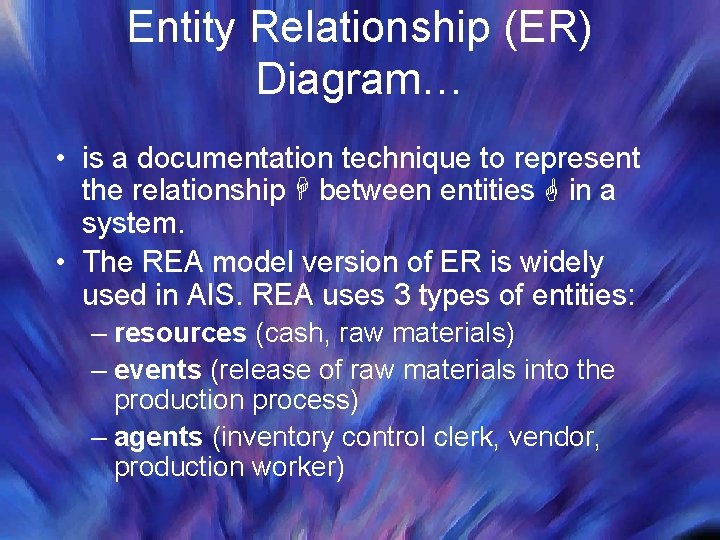 Entity Relationship (ER) Diagram… • is a documentation technique to represent the relationship between