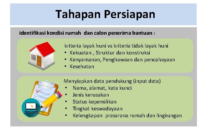 Tahapan Persiapan identifikasi kondisi rumah dan calon penerima bantuan : kriteria layak huni vs