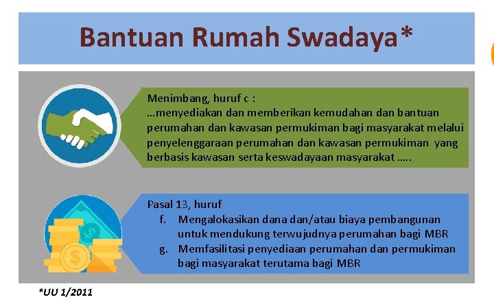 Bantuan Rumah Swadaya* Menimbang, huruf c : …menyediakan dan memberikan kemudahan dan bantuan perumahan