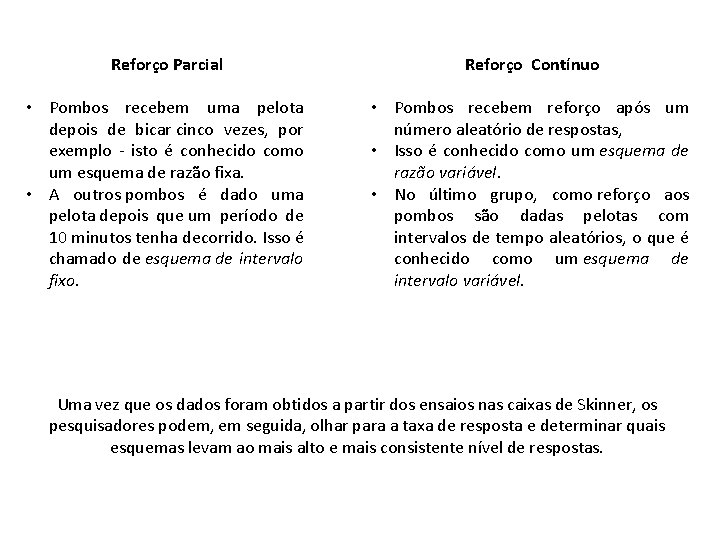 Reforço Parcial Reforço Contínuo • Pombos recebem uma pelota depois de bicar cinco vezes,