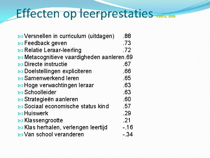 Effecten op leerprestaties Versnellen in curriculum (uitdagen). 88 Feedback geven . 73 Relatie Leraar-leerling.