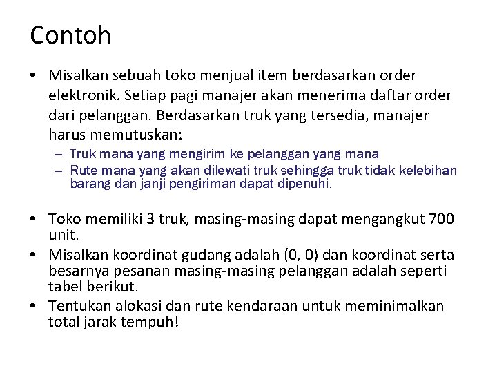 Contoh • Misalkan sebuah toko menjual item berdasarkan order elektronik. Setiap pagi manajer akan