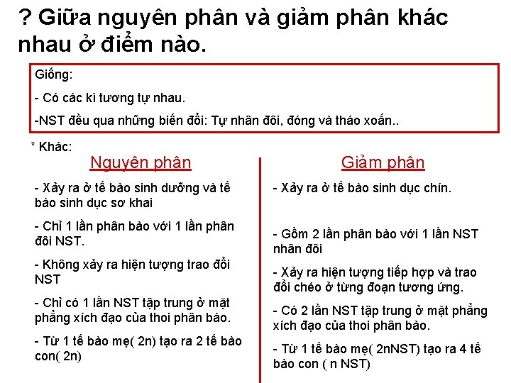 ? Giữa nguyên phân và giảm phân khác nhau ở điểm nào. Giống: -