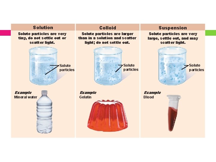 Solution Colloid Suspension Solute particles are very tiny, do not settle out or scatter