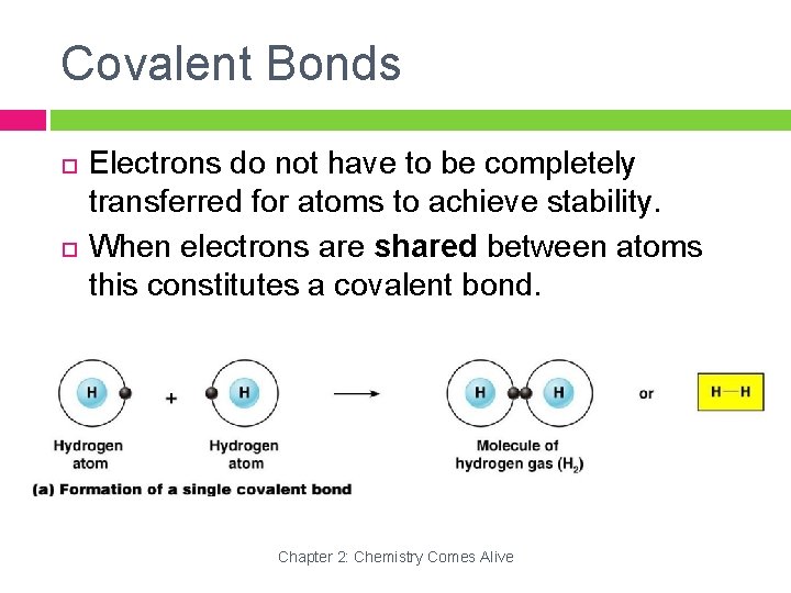 Covalent Bonds Electrons do not have to be completely transferred for atoms to achieve