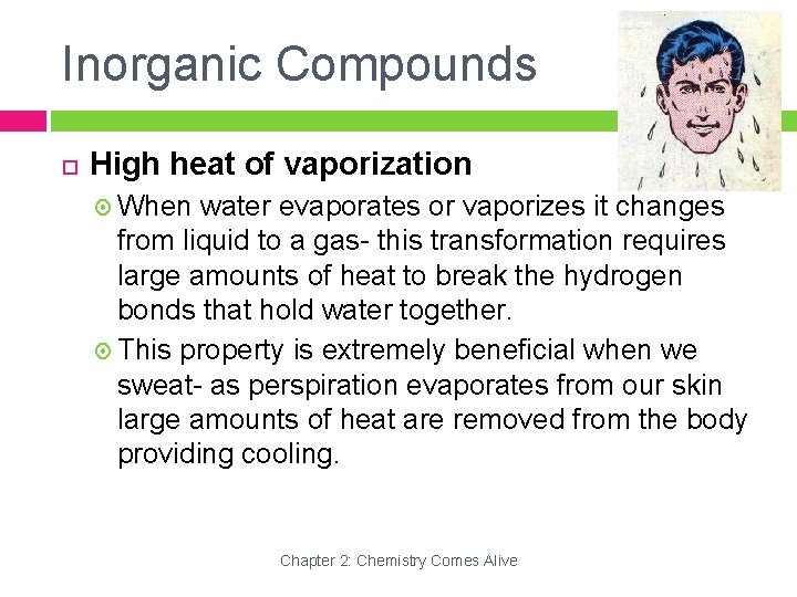 Inorganic Compounds High heat of vaporization When water evaporates or vaporizes it changes from