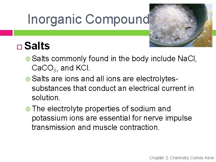 Inorganic Compounds Salts commonly found in the body include Na. Cl, Ca. CO 3,