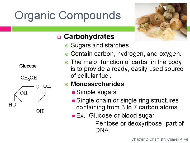 Organic Compounds Carbohydrates Sugars and starches Contain carbon, hydrogen, and oxygen. The major function