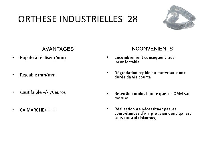 ORTHESE INDUSTRIELLES 28 INCONVENIENTS AVANTAGES • Rapide à réaliser (5 mn) • Encombrement conséquent