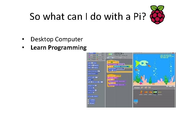So what can I do with a Pi? • Desktop Computer • Learn Programming